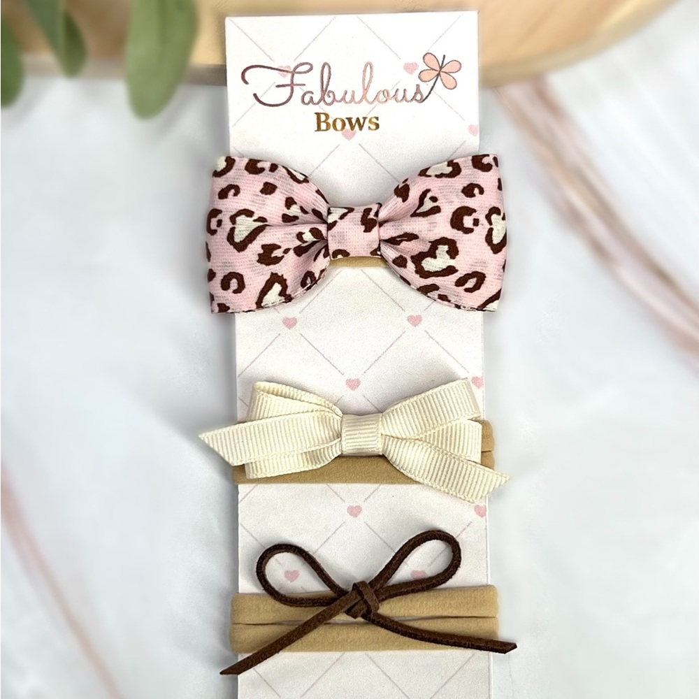 Pink Leopard and Neutral Hair Bow Trio